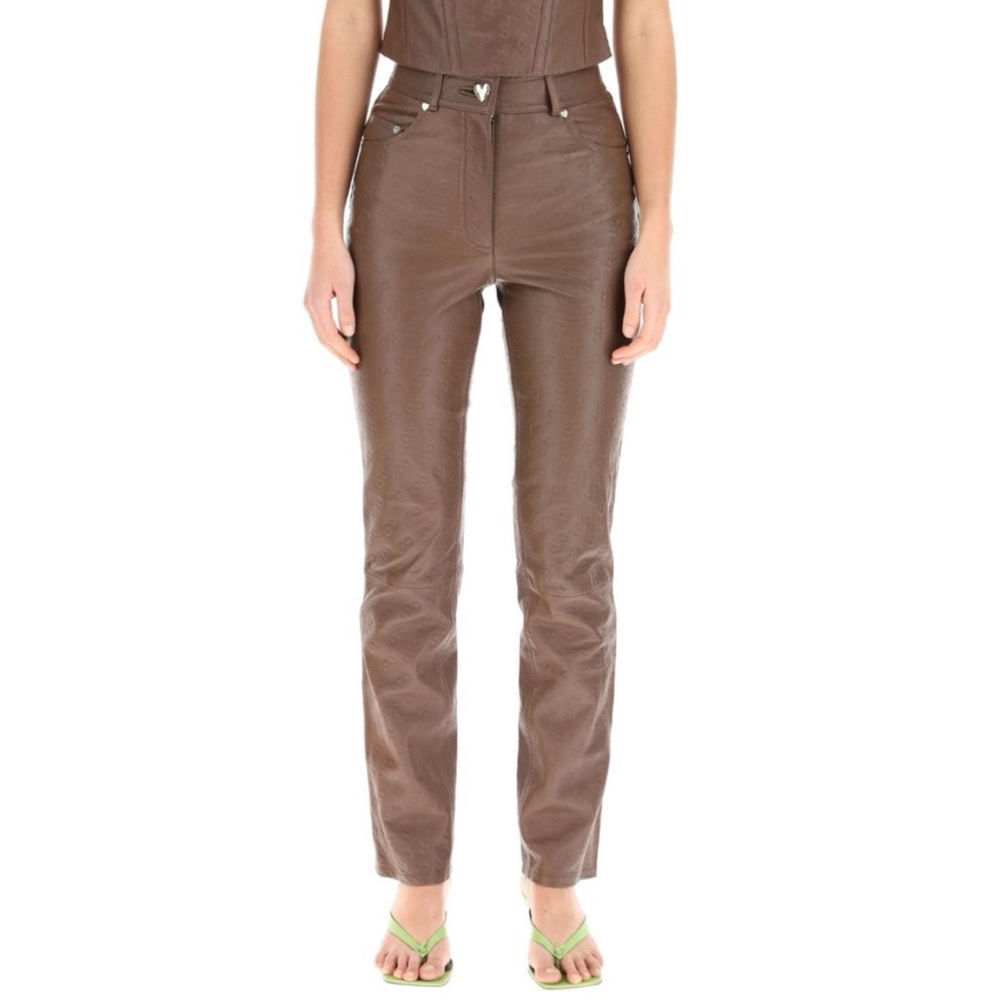 Saks Potts Rosita Brown Leather Monogram Leather Straight Leg Pants 1 Small